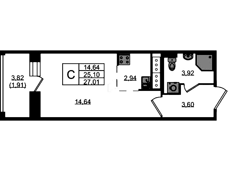 Квартира студия 27.01 м², 8/9 эт., ЖК «Курортный квартал»